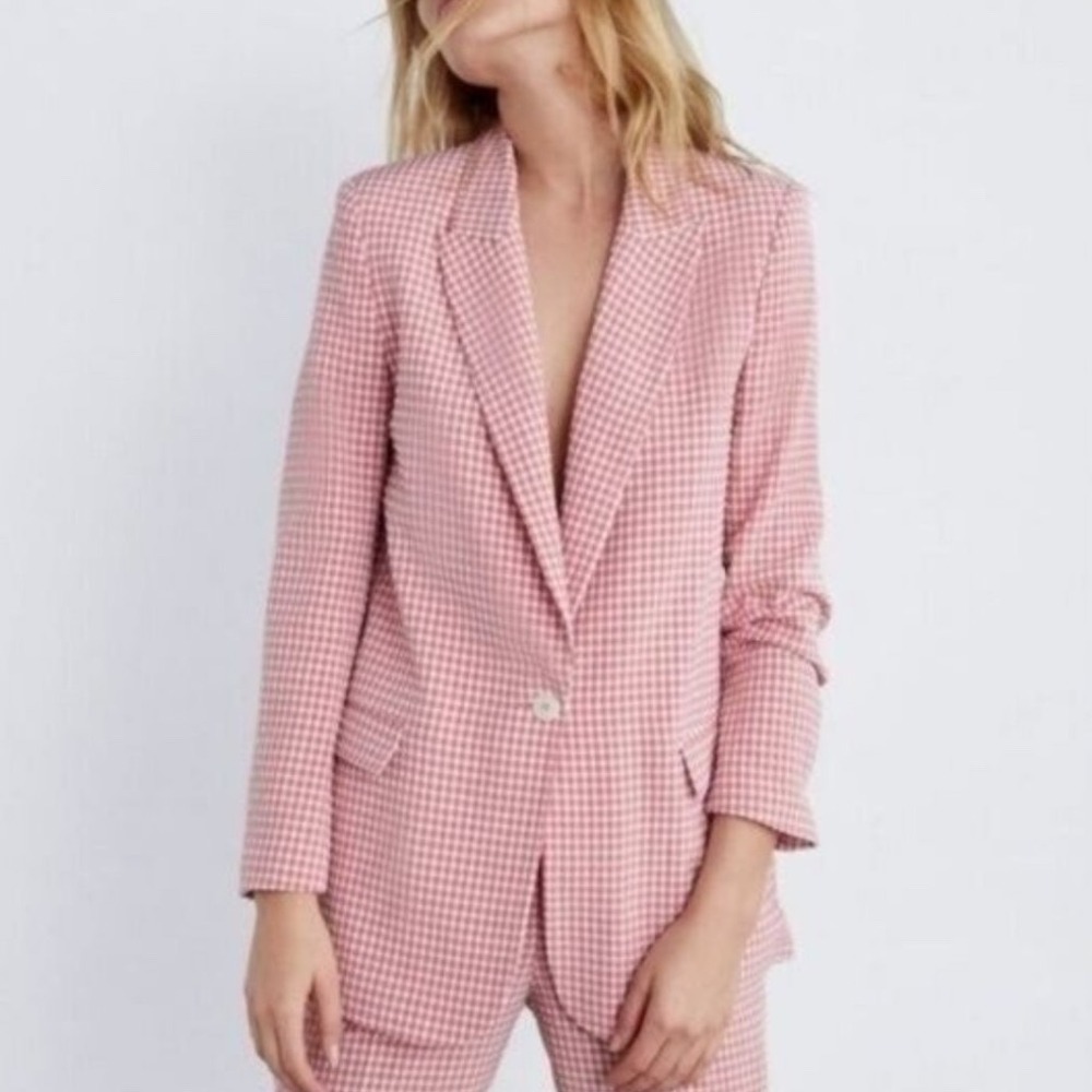 Zara's Pink Blazer Jacket Gingham Check Seersucker  Womens S